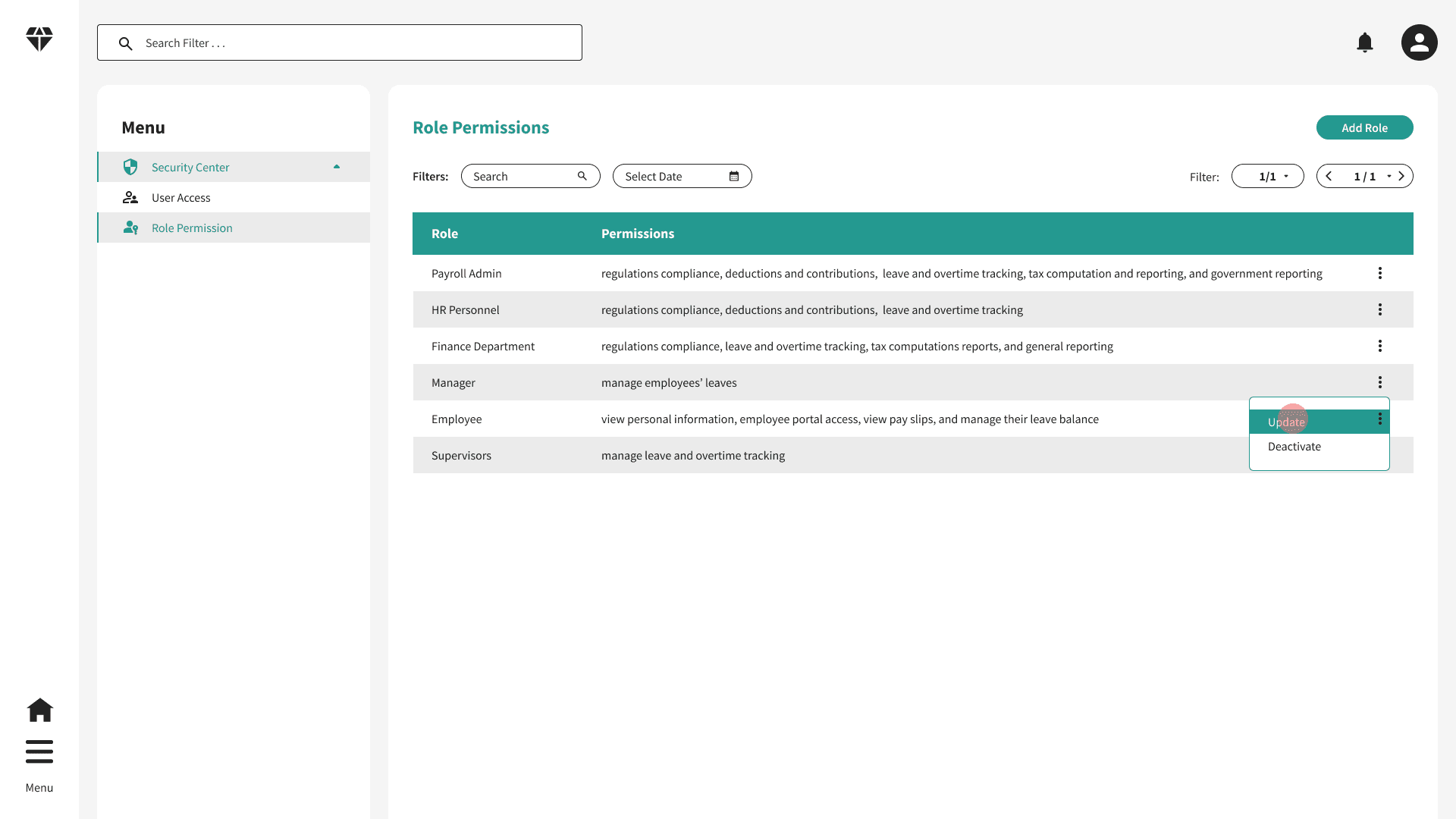 Desktop UI showing role permissions feature in HRMIS Payroll System