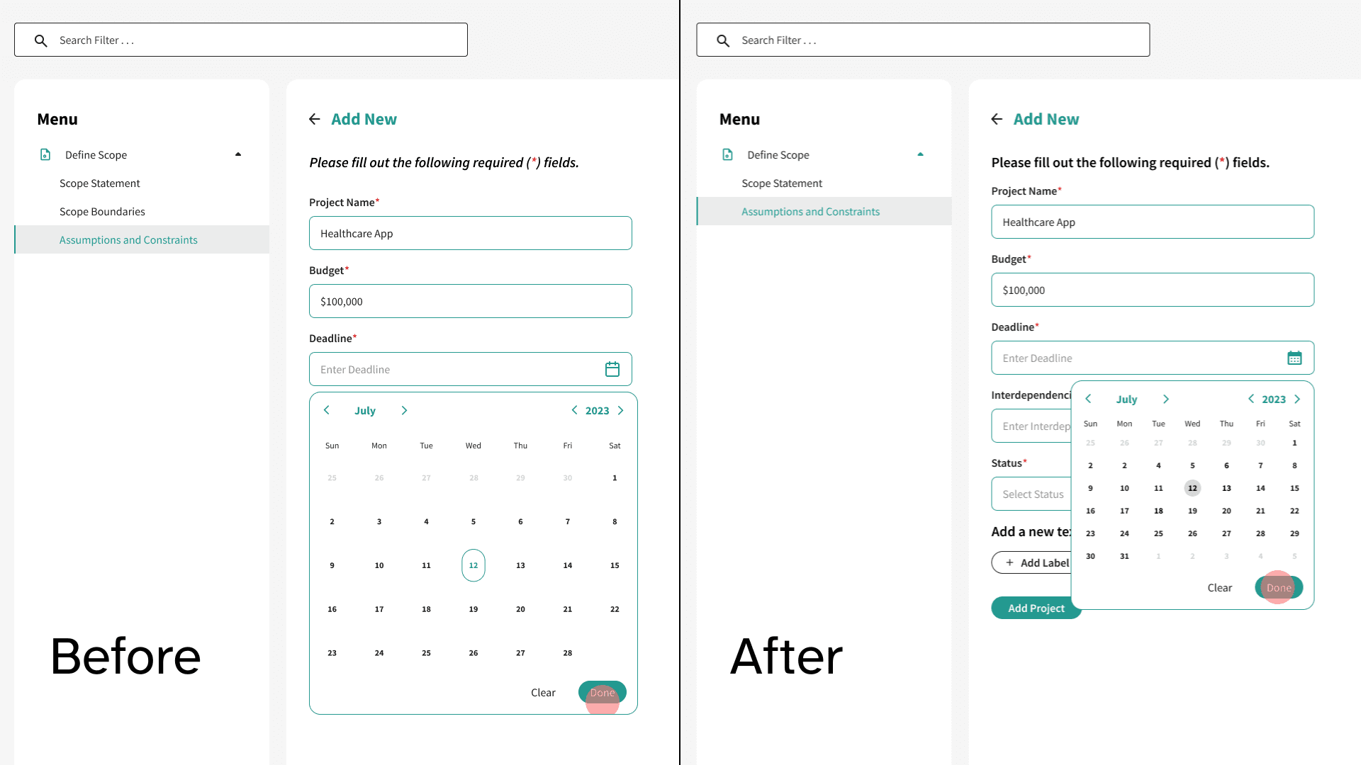 Before and After UI in Assumptions & Constraints section for Project Scope Management System